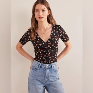 Boden Ruched Front Printed Top, Black, Dainty Sprig, Size 8